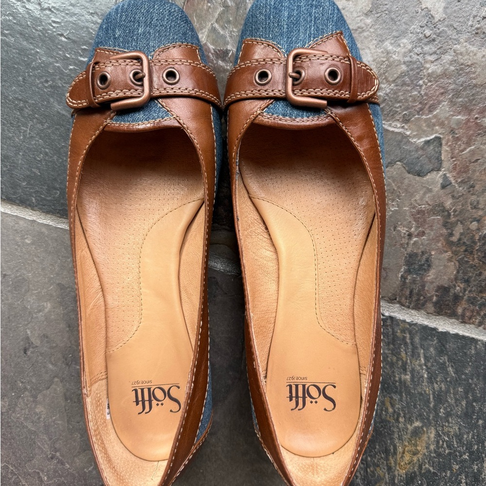 Sofft Brown Leather and Blue Jeans Fabric Loafers
